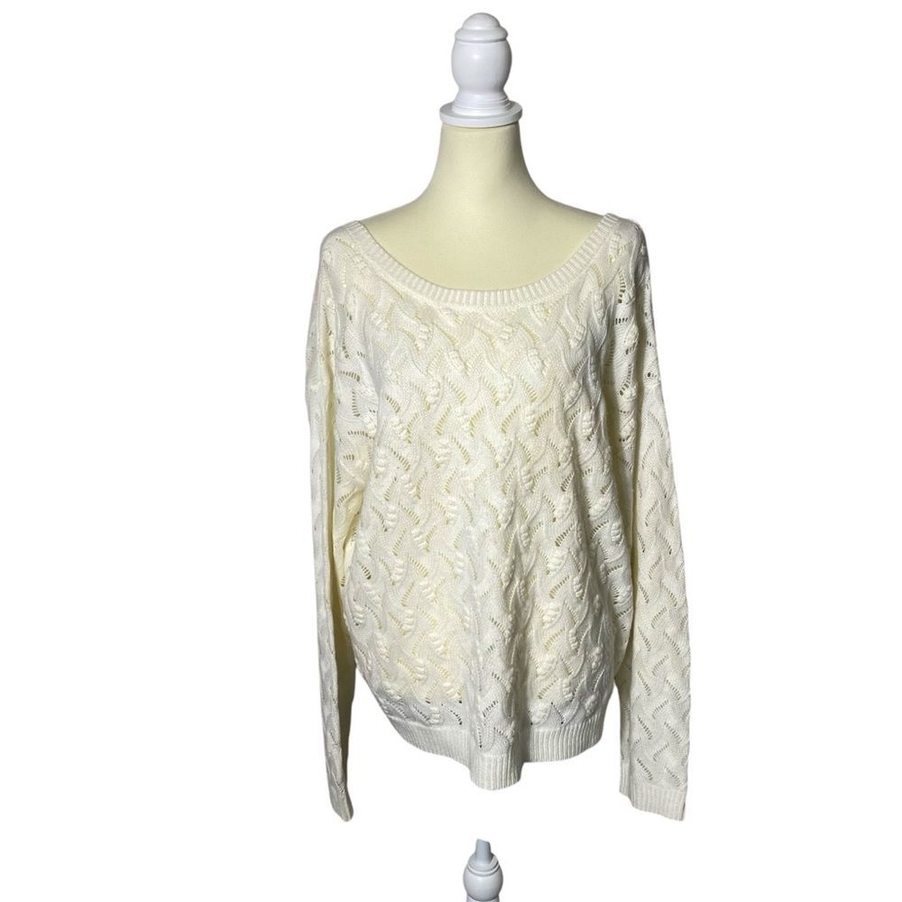 Andree by Unit White Knit Crochet Wide Scoop Neck Sweater Women's Size Large